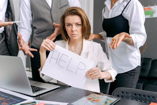 Stressed office worker holding a help sign surrounded by colleagues' demands.